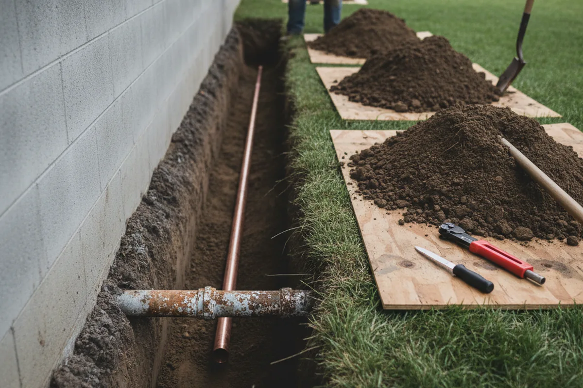 Excavated water line trench during Water Heater Repair in Dixon Springs